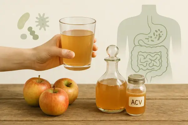 Apfelessig für die Leber: Ein Glas Apfelessig, Äpfel und eine Darstellung des Verdauungssystems.